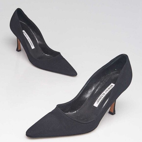 Manolo Blahnik Black Crepe De Chine 90 Pointed Toe Pumps Size 5/35.5 - Picture 1 of 5